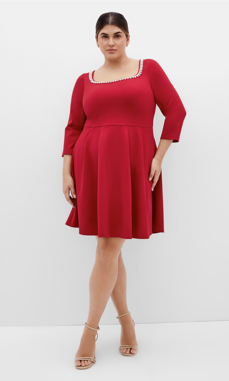 Petra Long Sleeve Skater Mini Dress - ruby