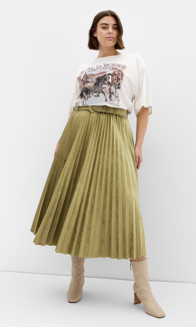 Sueded Pleat Midi Skirt - sage