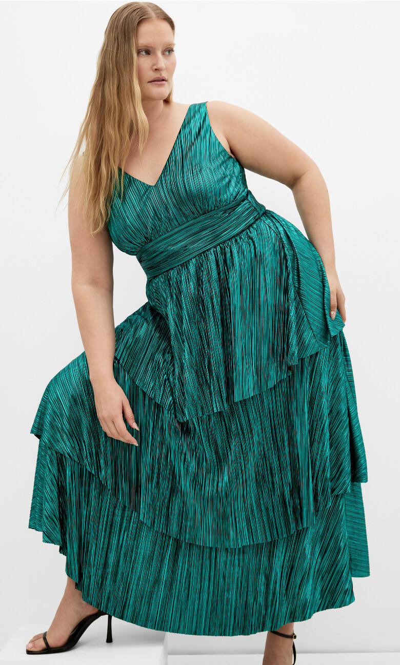 Glamour Metallic Tier Dress - emerald