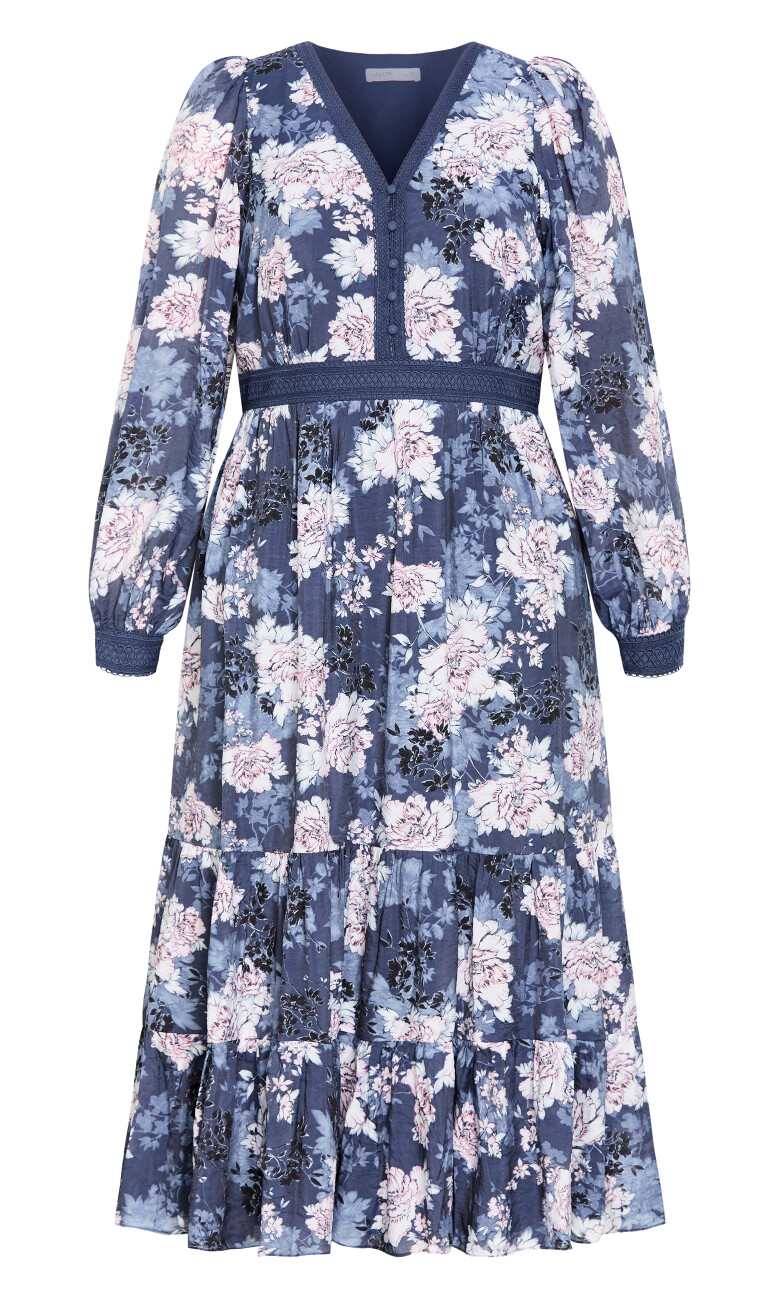 Silver Blossom Maxi Dress - steel blue