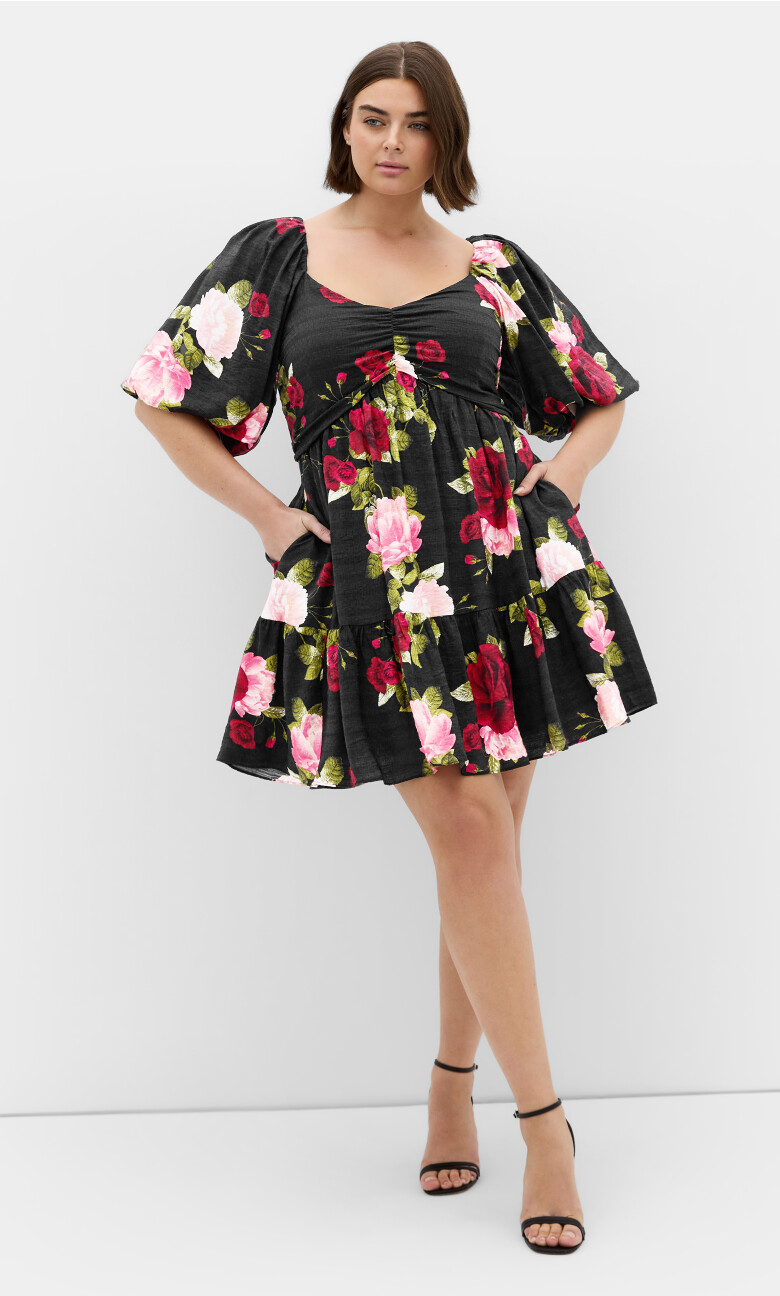 Mindy Print Babydoll Mini Dress - black