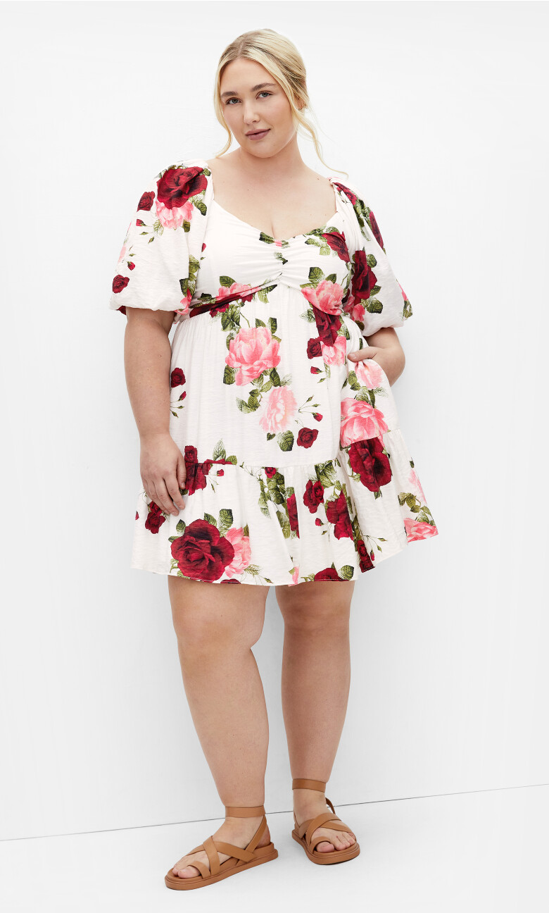 Mindy Print Babydoll Mini Dress - ivory