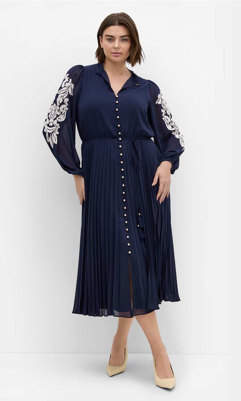 Plus Size Adorn Sleeve Pleat Midi Dress - navy