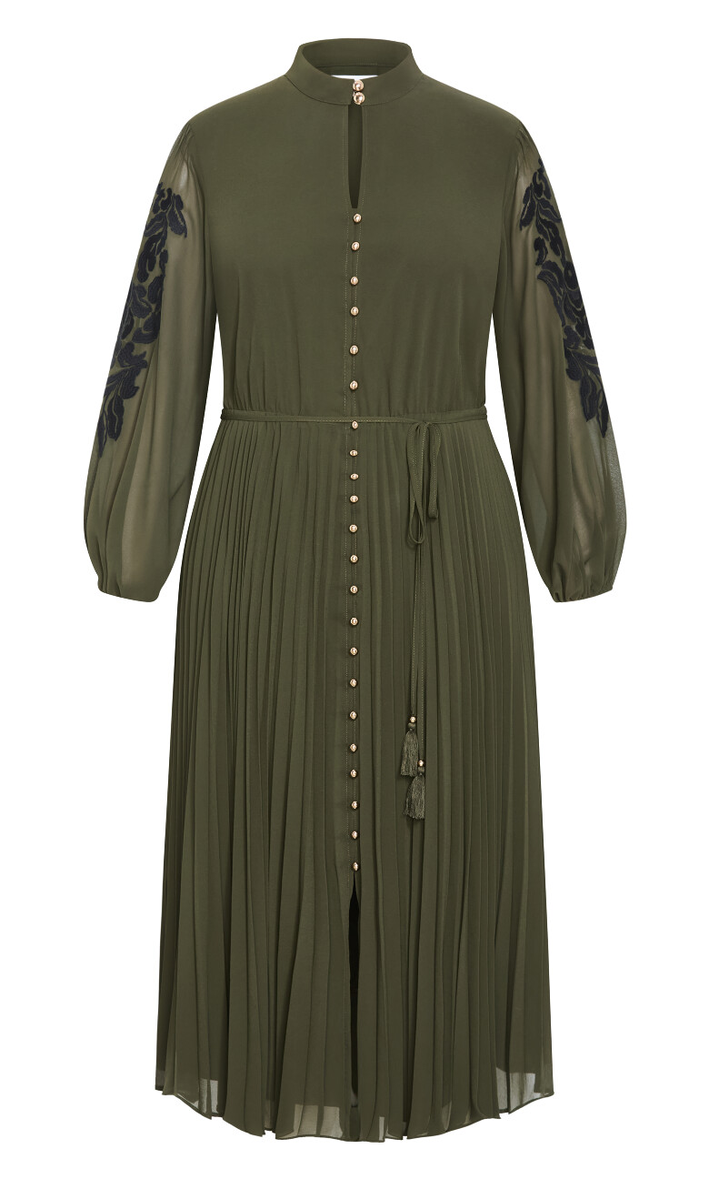 Adorn Sleeve Pleat Midi Dress - olive