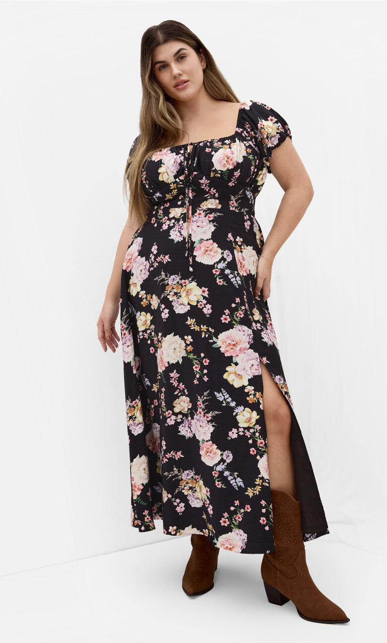 Plus Size DRESS ABBIGAIL PRT - Blk Flirty Floral