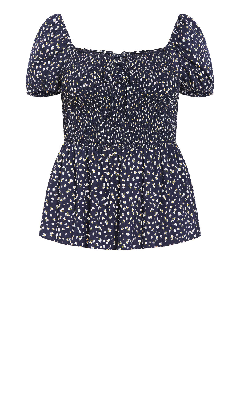 Azure Shirred Print Top - navy