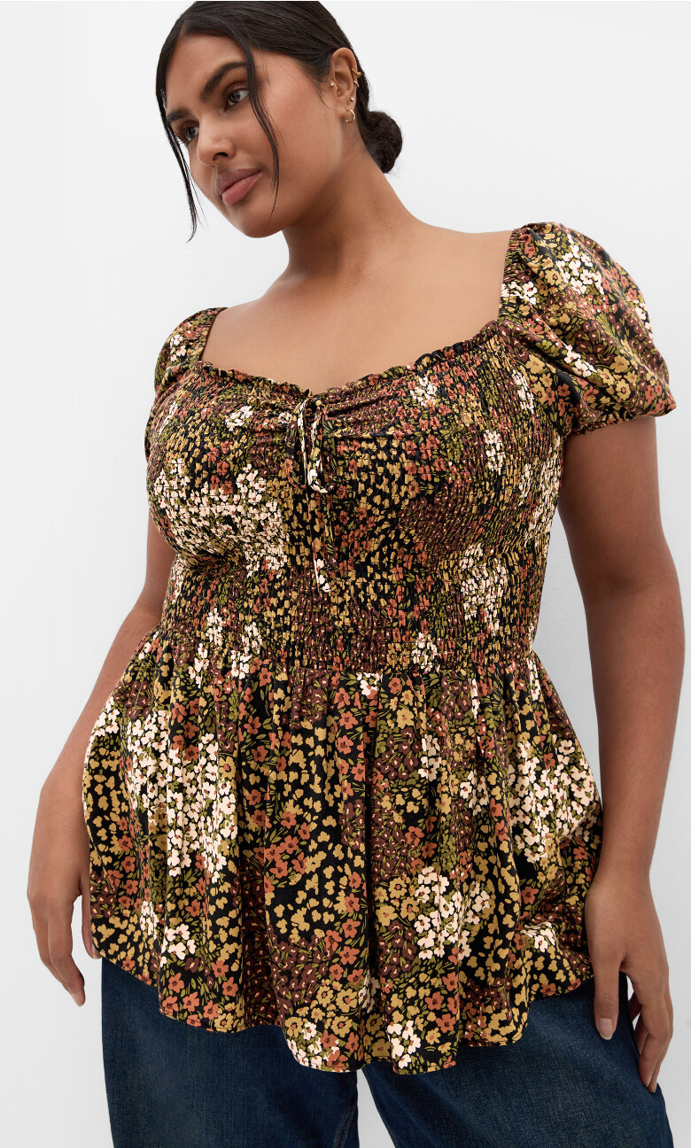 Azure Shirred Print Top - mocha