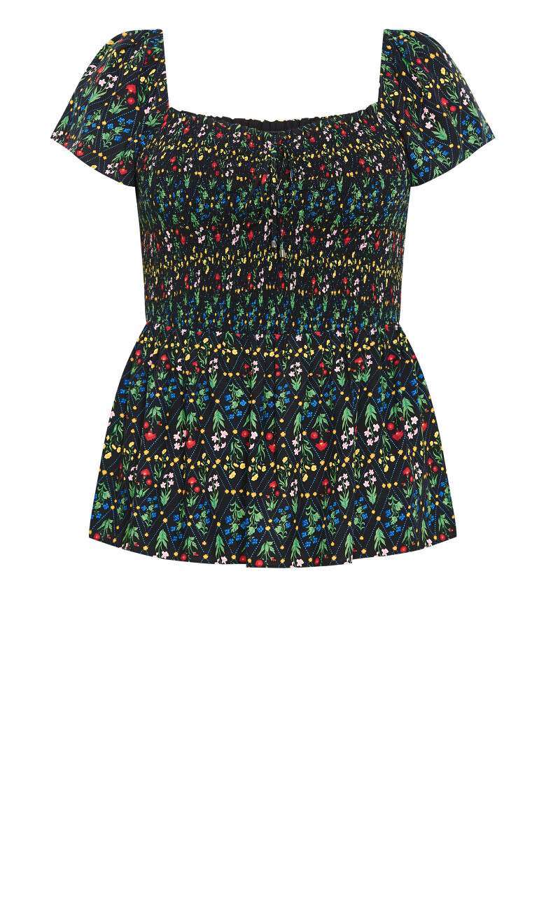 Azure Shirred Print Top - black