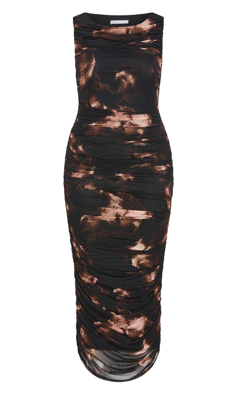 Halo Ruched Midi Print Dress - dark chocolate