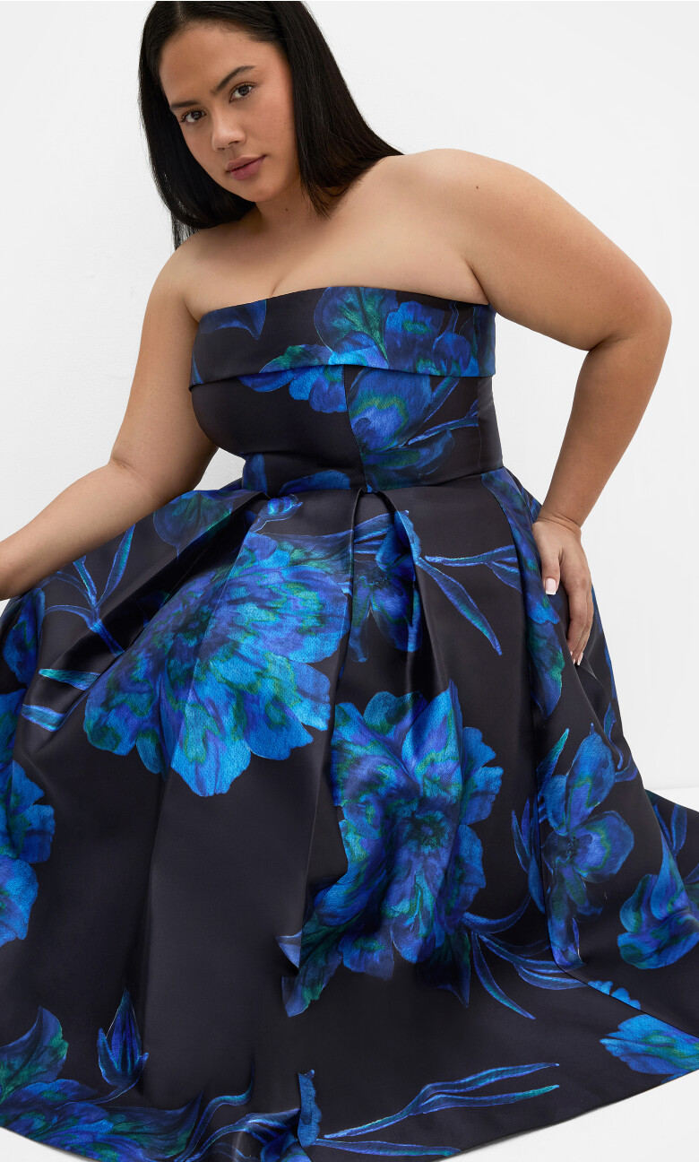Tiffany Bloom Strapless Midi Dress - blue print