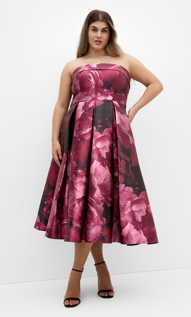 Tiffany Bloom Strapless Midi Dress - burgundy print