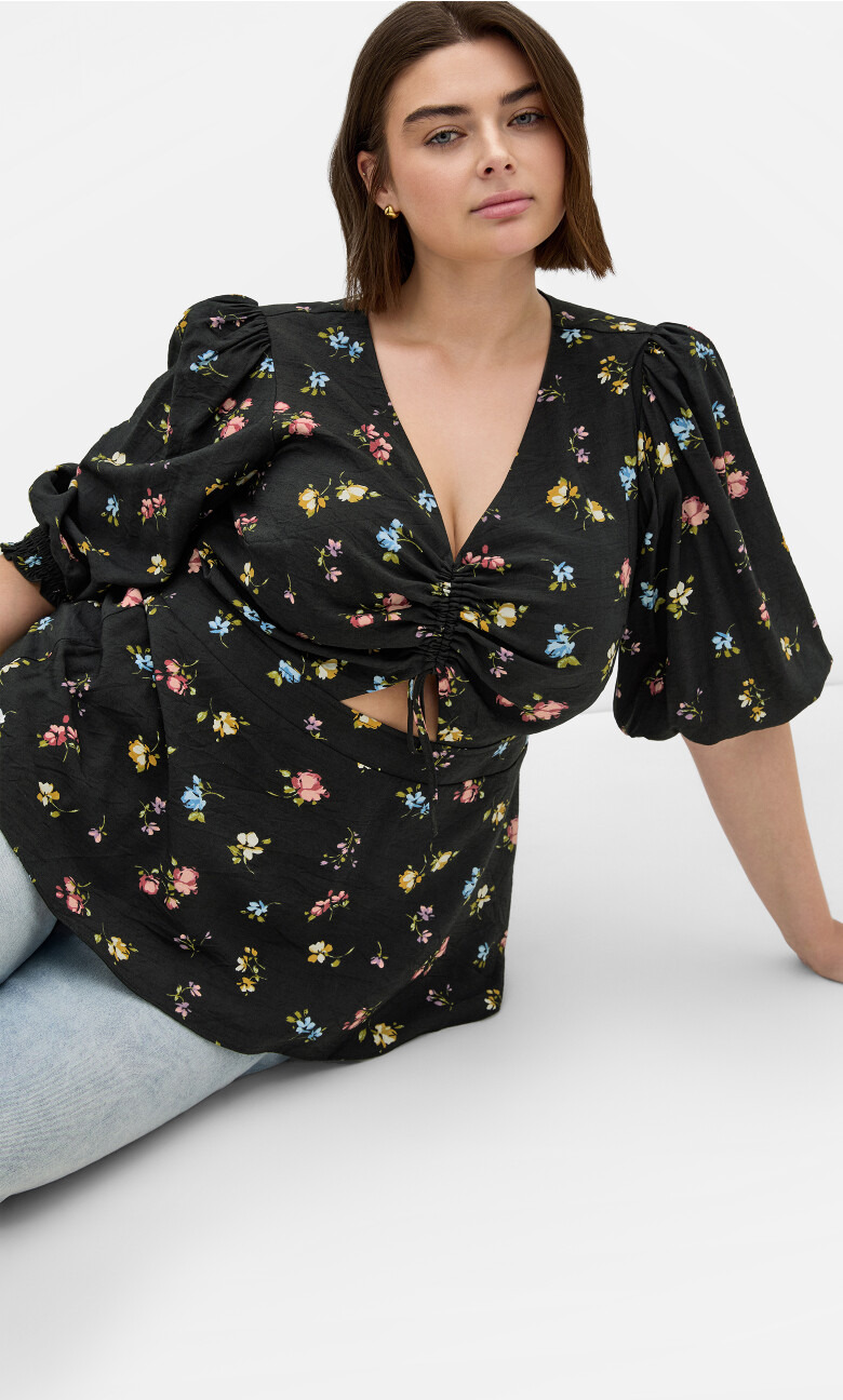 Plus Size Tayla Floral Print Top - black