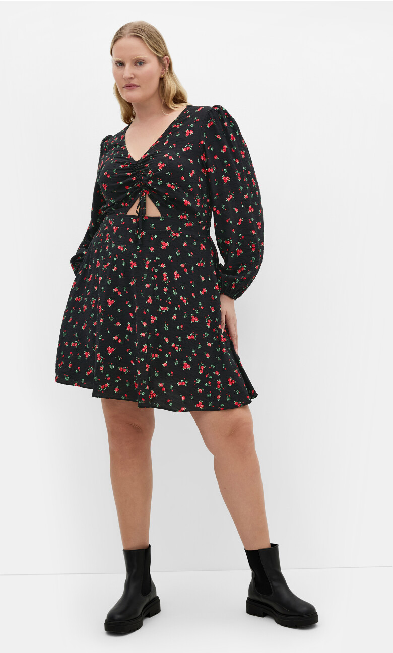 Plus Size Jolene Long Sleeve Rose Print Dress - black
