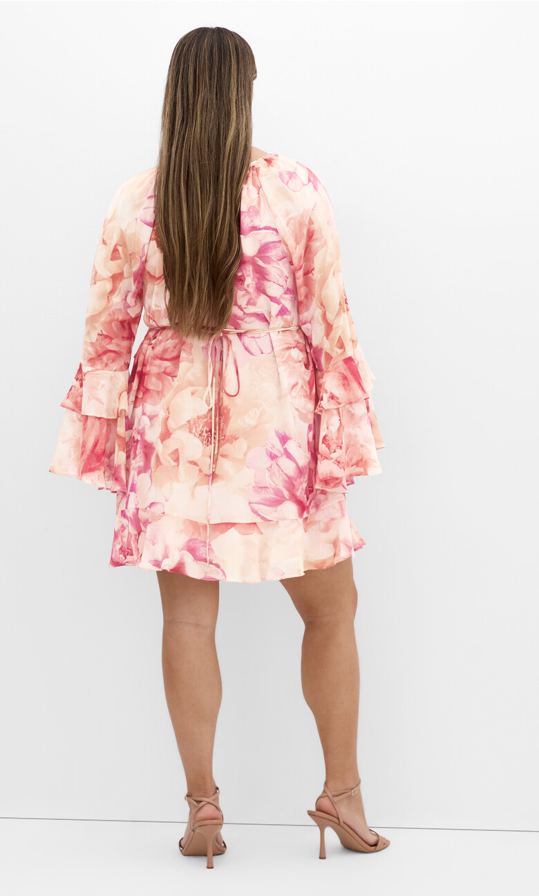 Ruffle Glam Print Mini Dress - pink