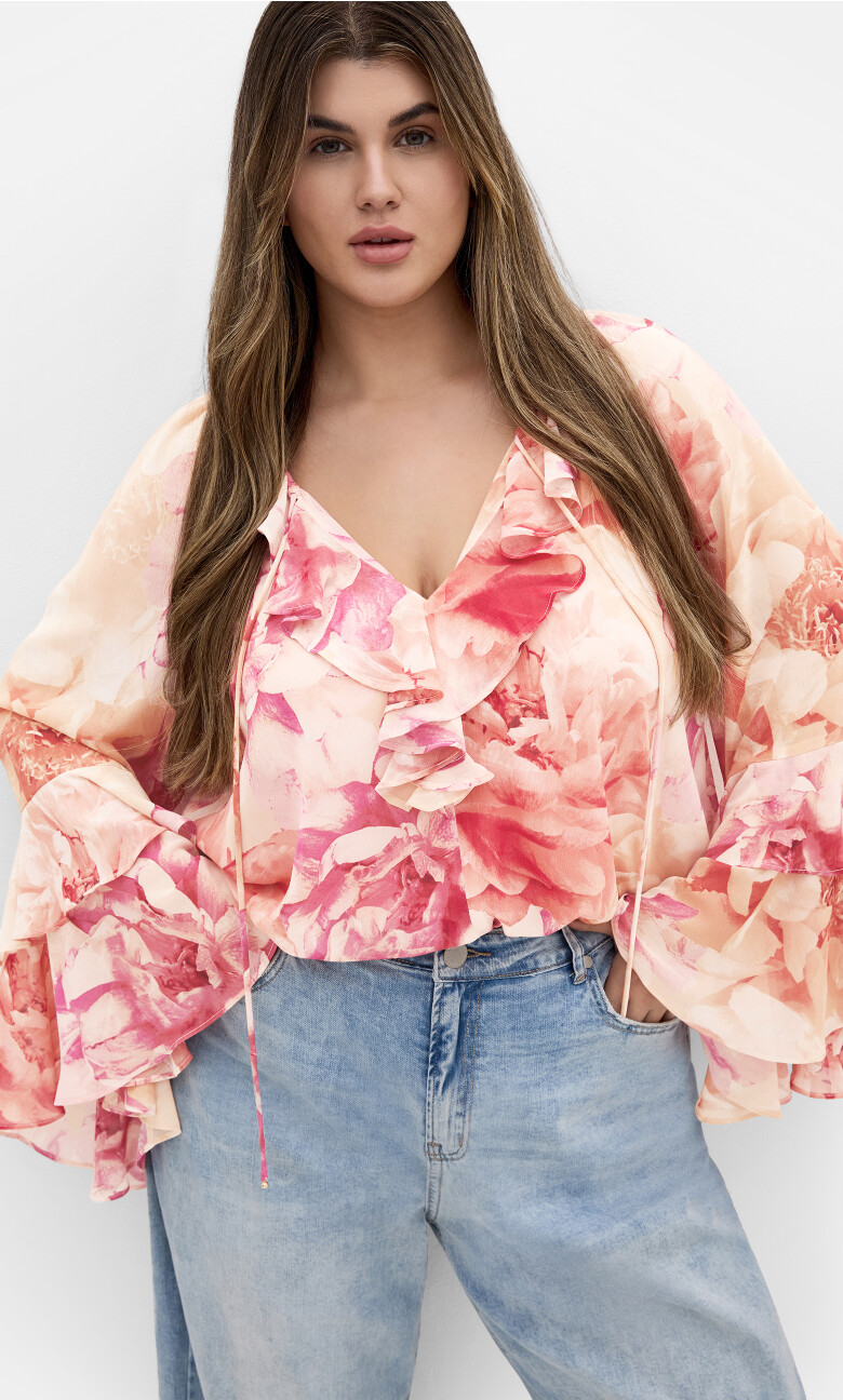 Plus Size Ruffle Glam Print Top - pink