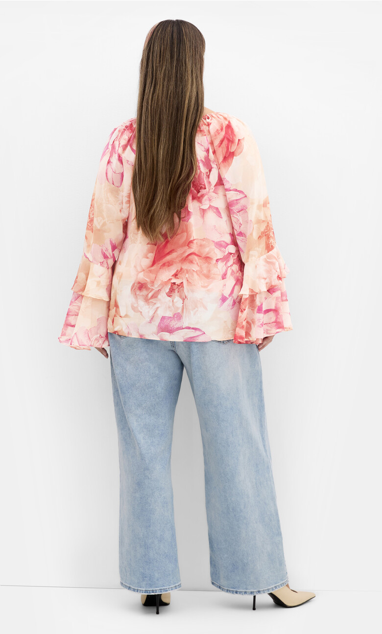 Ruffle Glam Print Top - pink