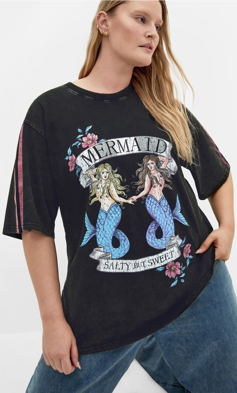Plus Size TEE MERMAID WASH - BLK ACID WASH
