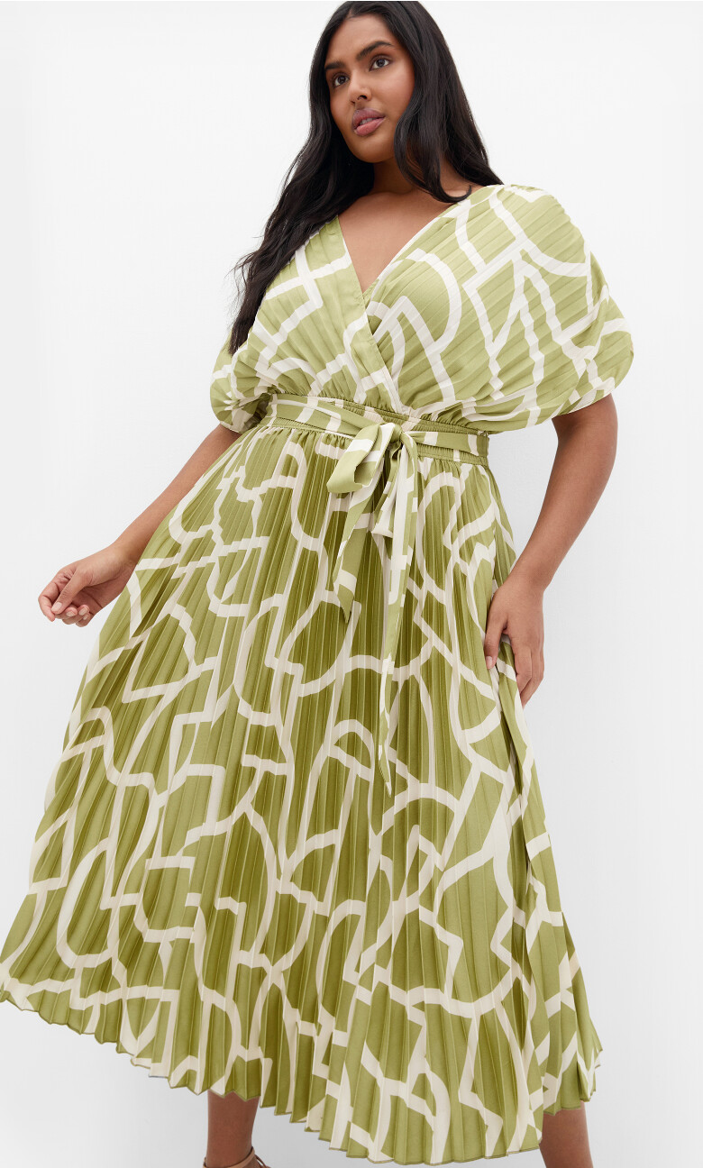 Plus Size Hailey Geo Print Pleat Maxi Dress - sage