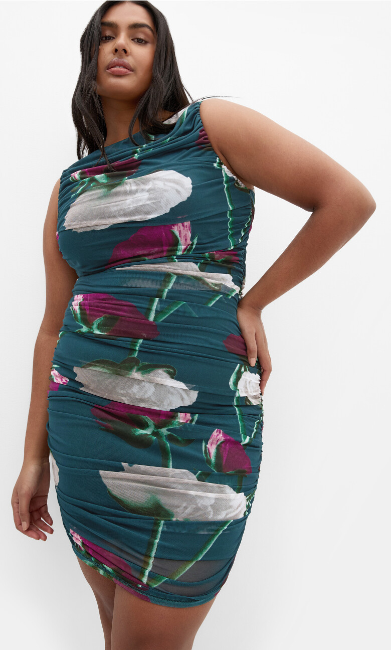 Halo Ruched Print Mini Dress - emerald