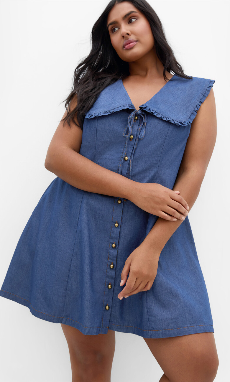 Naomi Collar Mini Denim Dress - chambray