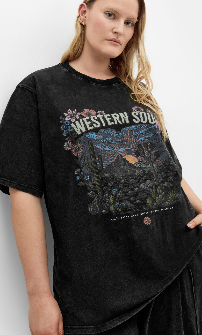 Plus Size TEE WESTERN SOUL - BLK ACID WASH