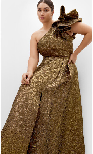 Plus Size Gilded Beauty One Shoulder Maxi Dress - gold
